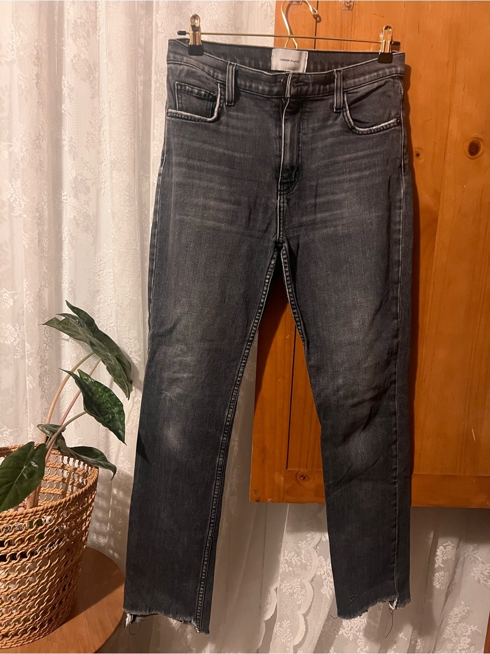 Current/Elliott Distressed Black Jeans Raw Hem